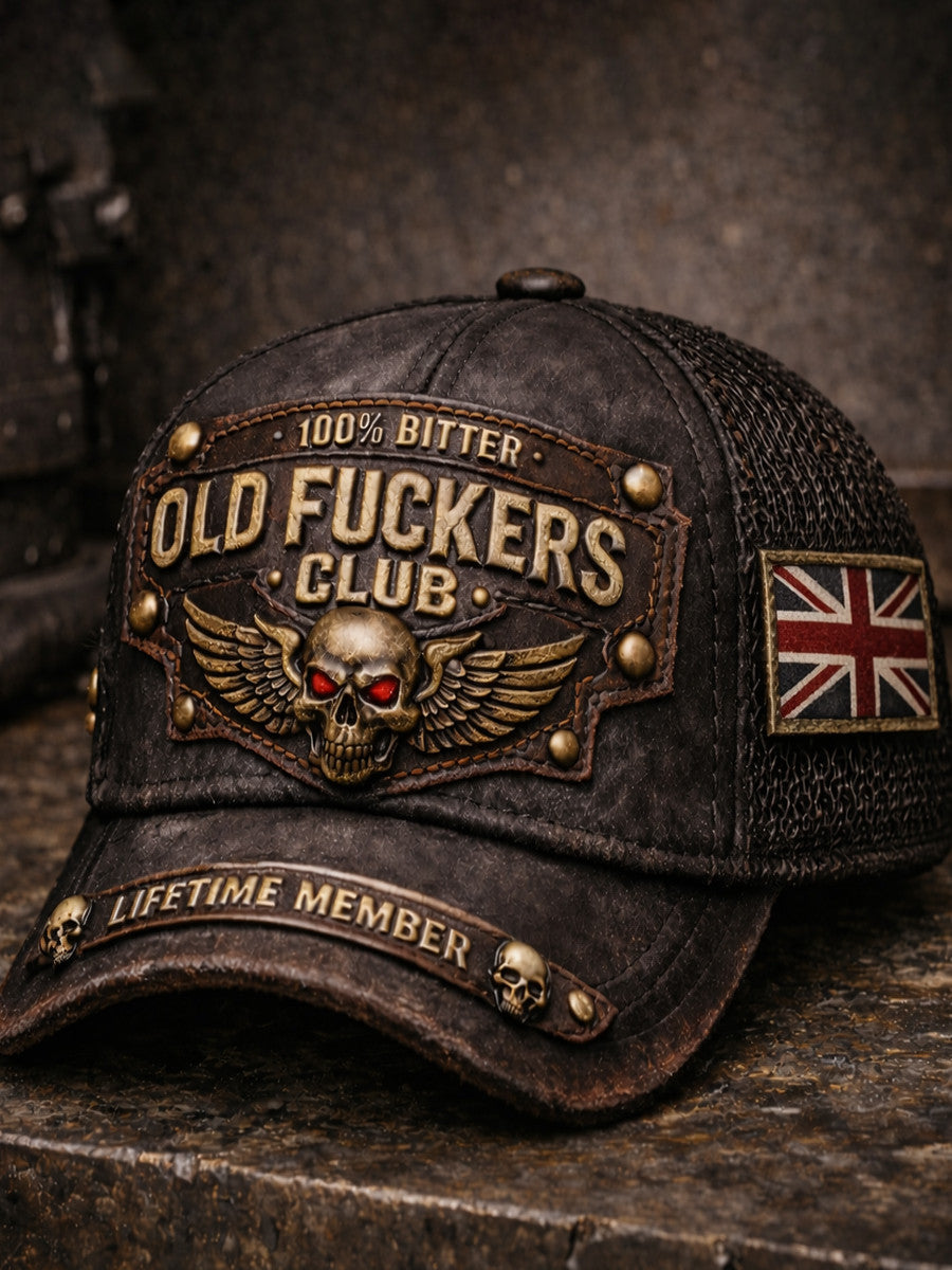 Printed Old Fuckers Club Hat, Vintage Biker Cap, UK Flag Patch, Distressed Leather Style, Gift for Men, Dad, Husband
