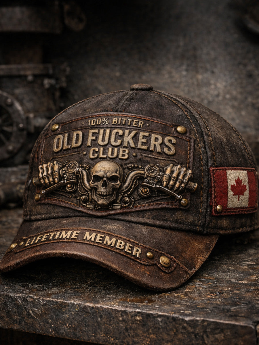 Printed Old Fuckers Club Hat, Vintage Biker Cap with Canada Flag Patch, Distressed Leather Style, Gift for Men, Dad, Husband