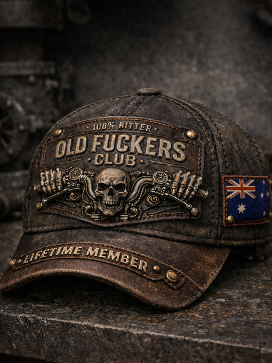 Printed Old Fuckers Club Hat, Vintage Biker Cap with Australia Flag Patch, Distressed Leather Style, Gift for Men, Dad, Husband