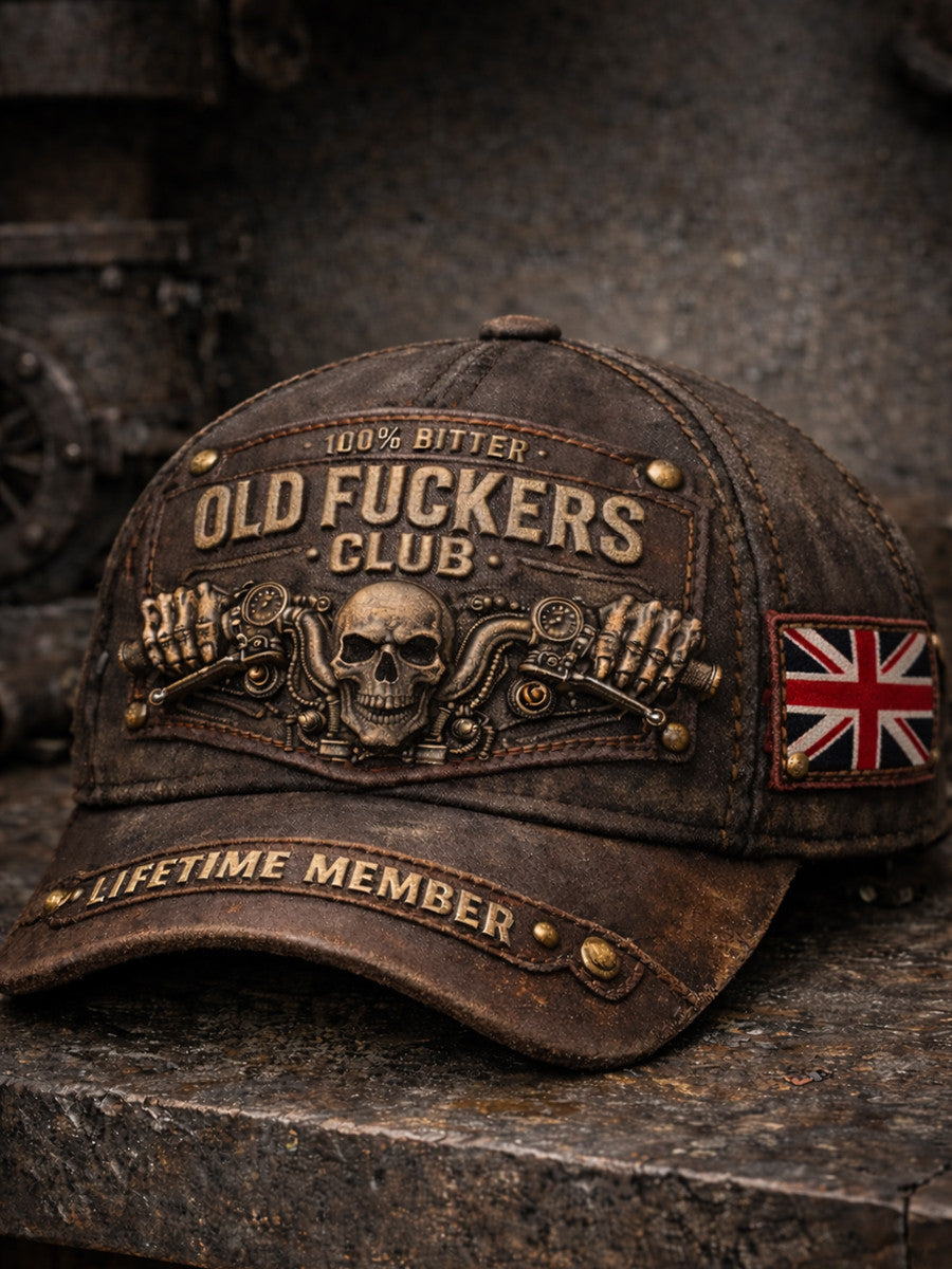Printed Old Fuckers Club Hat, Vintage Biker Cap with UK Flag Patch, Distressed Leather Style, Gift for Men, Dad, Husband