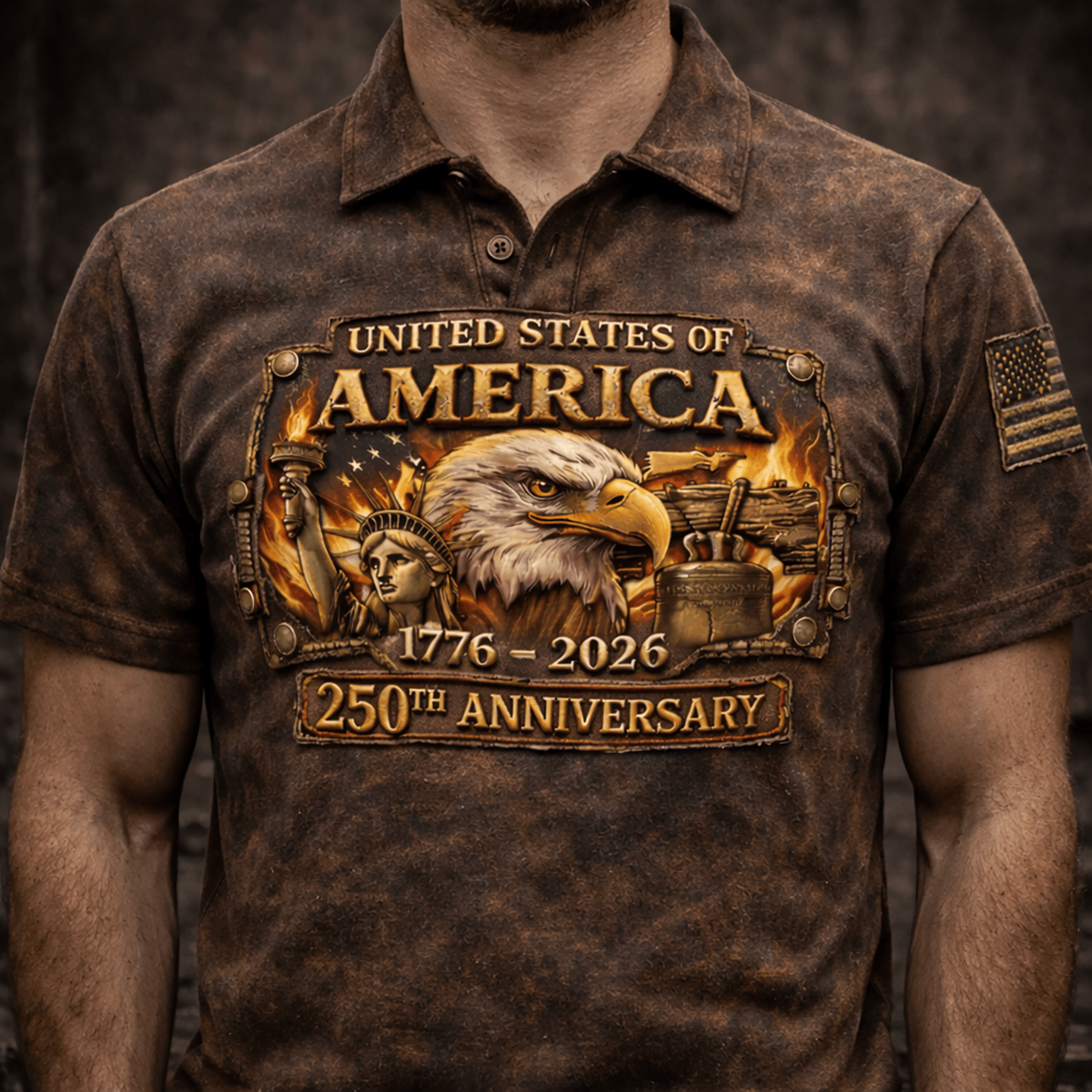 Printed USA 250th Anniversary Polo Shirt, United States of America Eagle 1776–2026, Patriotic Polo, Gift for Men