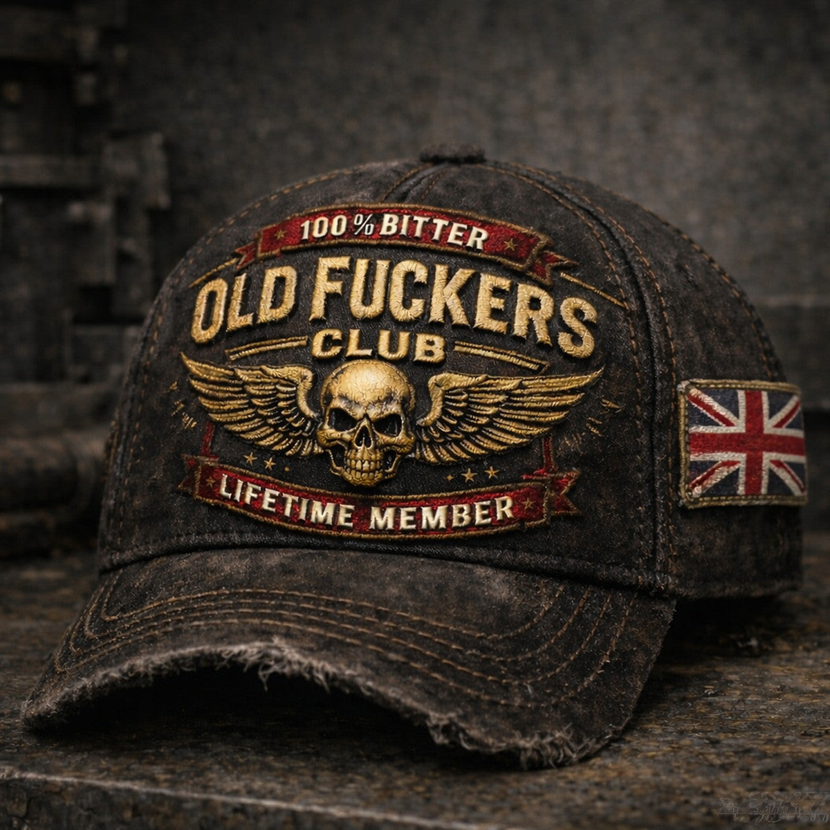 Old Fuckers Club Distressed Trucker Cap UK Flag, Vintage Washed Hat, Funny Men Gift, Biker Dad Husband, Rugged Patch Style