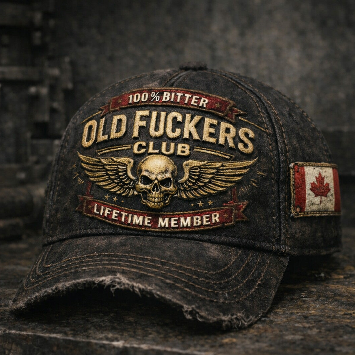 Old Fuckers Club Distressed Trucker Cap Canada Flag, Vintage Washed Hat, Funny Gift for Men, Dad Husband, Biker Patch Style
