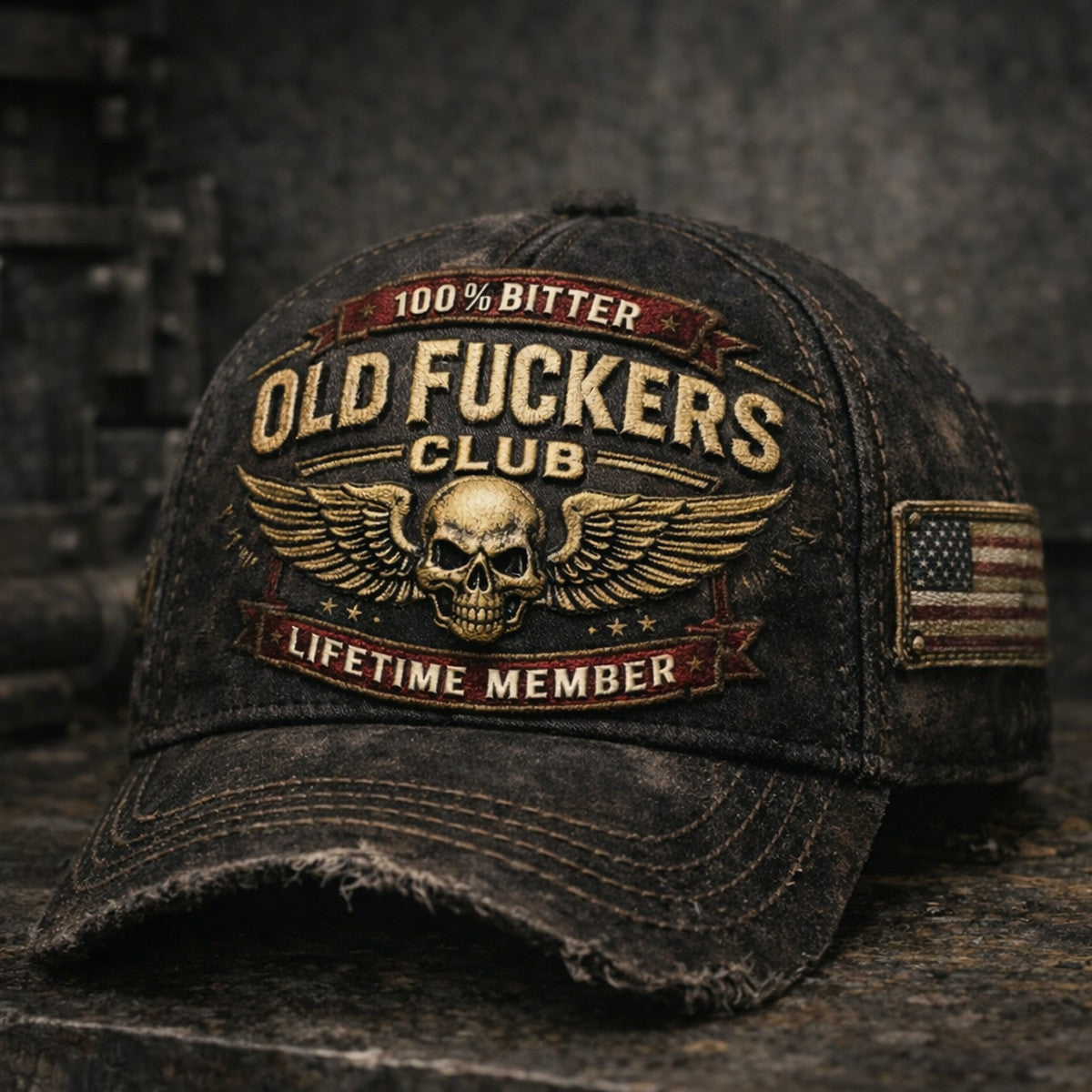 Old Fuckers Club Distressed Trucker Cap USA Flag, Vintage Washed Hat, Funny Gift for Men, Dad Husband, Patriotic Biker Hat