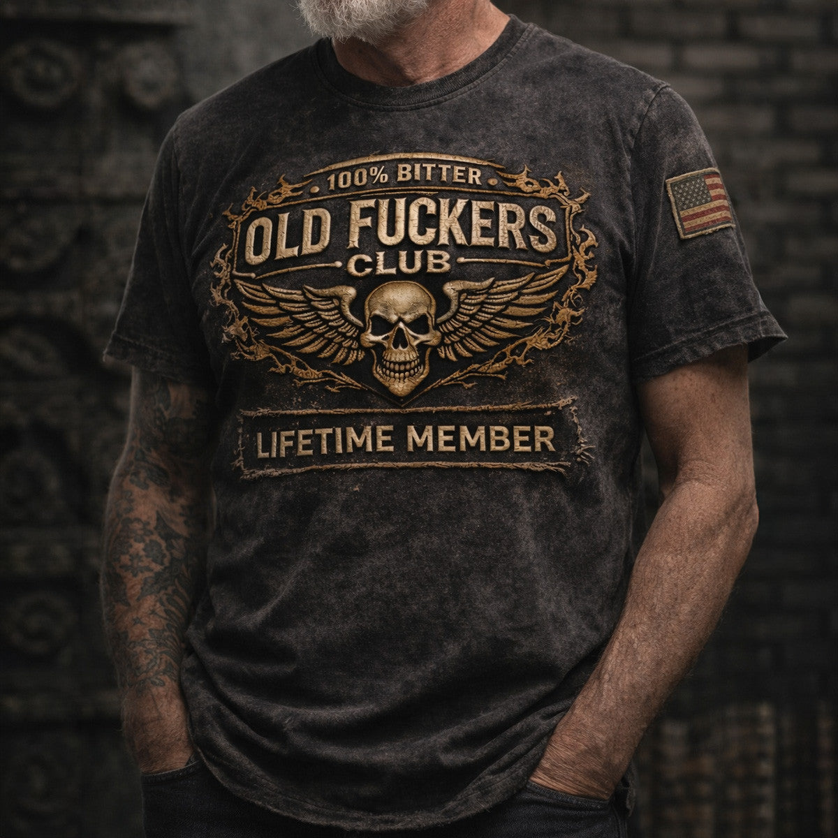 Old Fuckers Club Vintage T Shirt, 100% Bitter Lifetime Member Skull Tee, Funny Gift for Men Dad Grandpa
