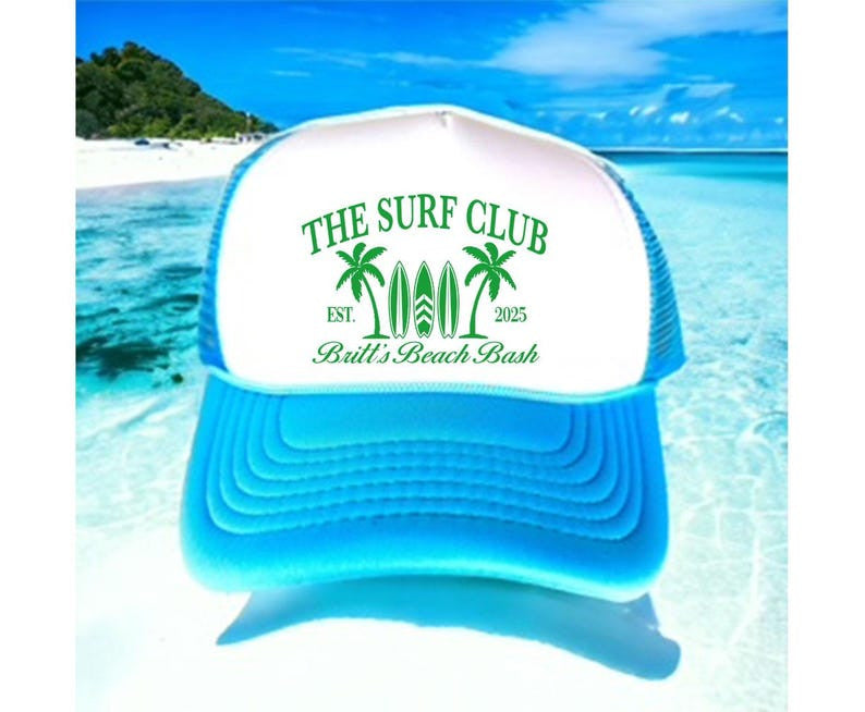 The Surf Club Personalized Trucker Hat, Beach Bash Party Cap, Custom Name & Year Surf Hat, Tropical Summer Gift for Men Dad Husband