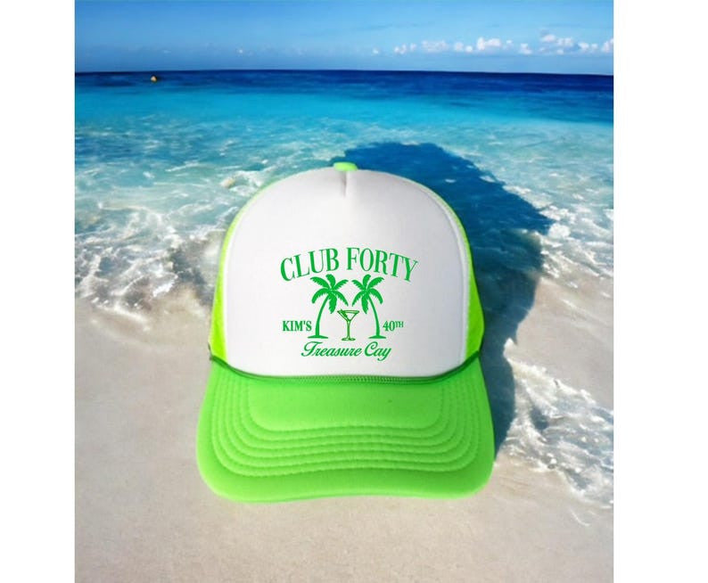 Club Forty Personalized Trucker Hat, Custom Name 40th Birthday Beach Hat, Tropical Ocean Cap, Beach Party Gift for Men Dad Husband