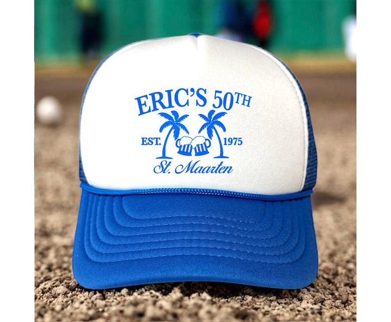 Eric’s 50th Birthday Trucker Hat, Personalized St Maarten Beach Hat, Custom Name Vacation Cap, Tropical Island Party Gift for Men Dad Husband