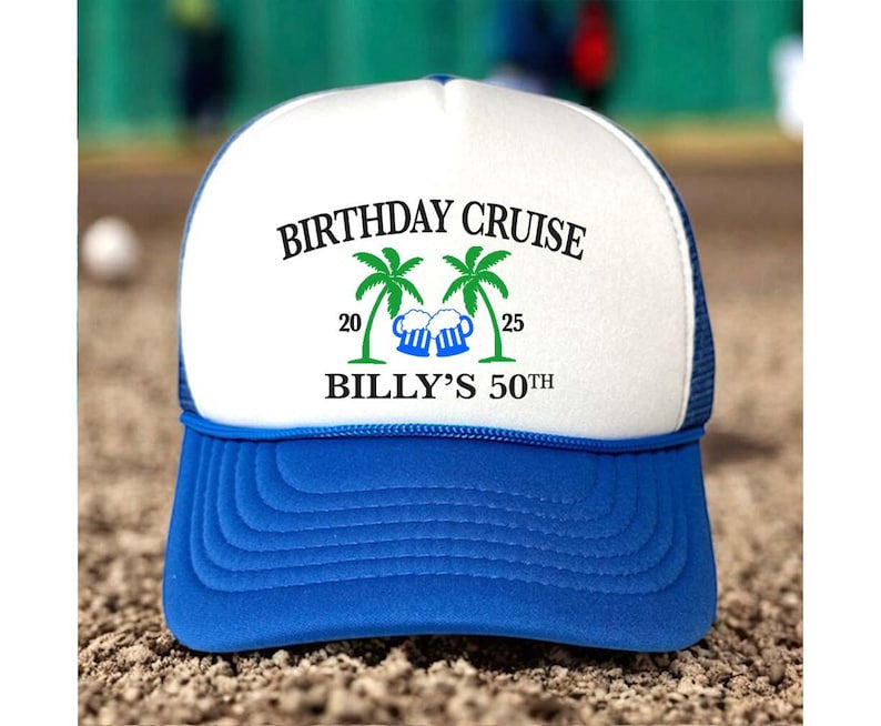 Birthday Cruise Personalized Trucker Hat, Billy’s 50th Birthday Beach Hat, Custom Name Cruise Party Cap, Tropical Vacation Gift for Men Dad Husband