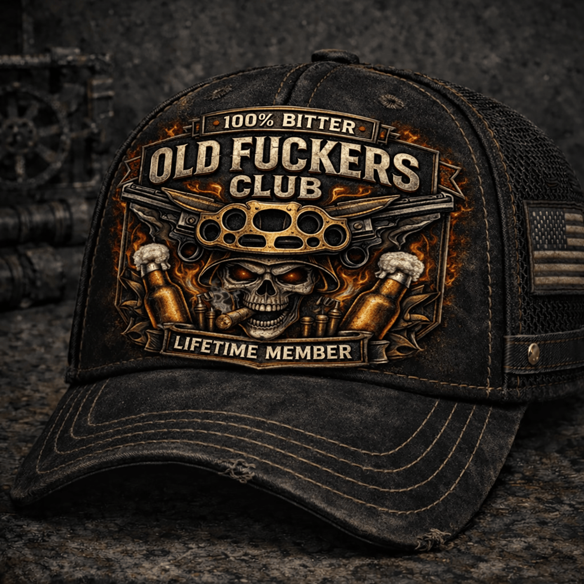 Printed Old Fuckers Club Cap, 100% Bitter Lifetime Member Hat, Funny Skull Biker Hat, Vintage Gift For Men Dad Husband