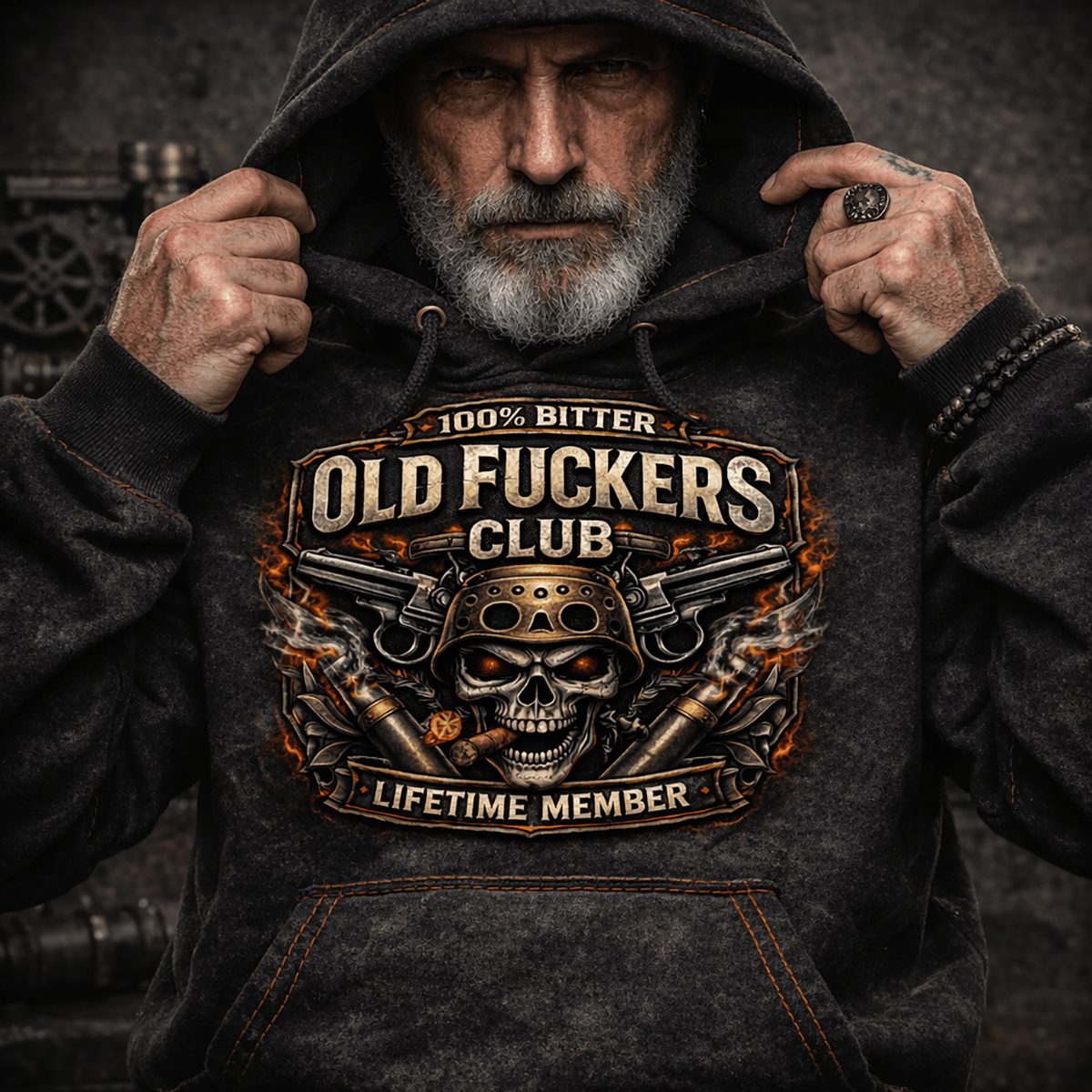 Printed Old Fuckers Club Hoodie, Funny Old Man Hoodie, Vintage Skull Biker Hoodie, Motorcycle Dad Gift, Retro Men Sweatshirt