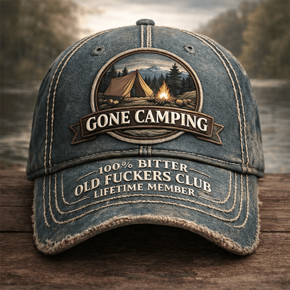 Printed Gone Camping Trucker Cap, Funny Old Man Hat, Vintage Camping Hat, Outdoor Dad Gift, Old Fuckers Club Lifetime Member