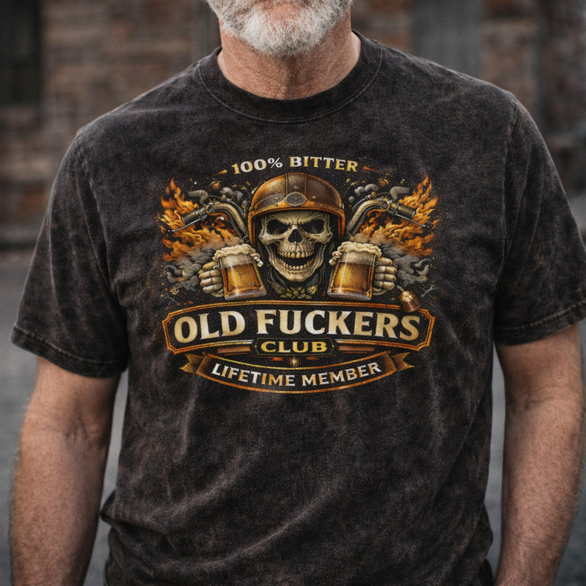 Printed Old Fuckers Club T Shirt, Flaming Skull Biker Holding Beer Mugs, 100% Bitter Lifetime Member Funny Old Man Tee