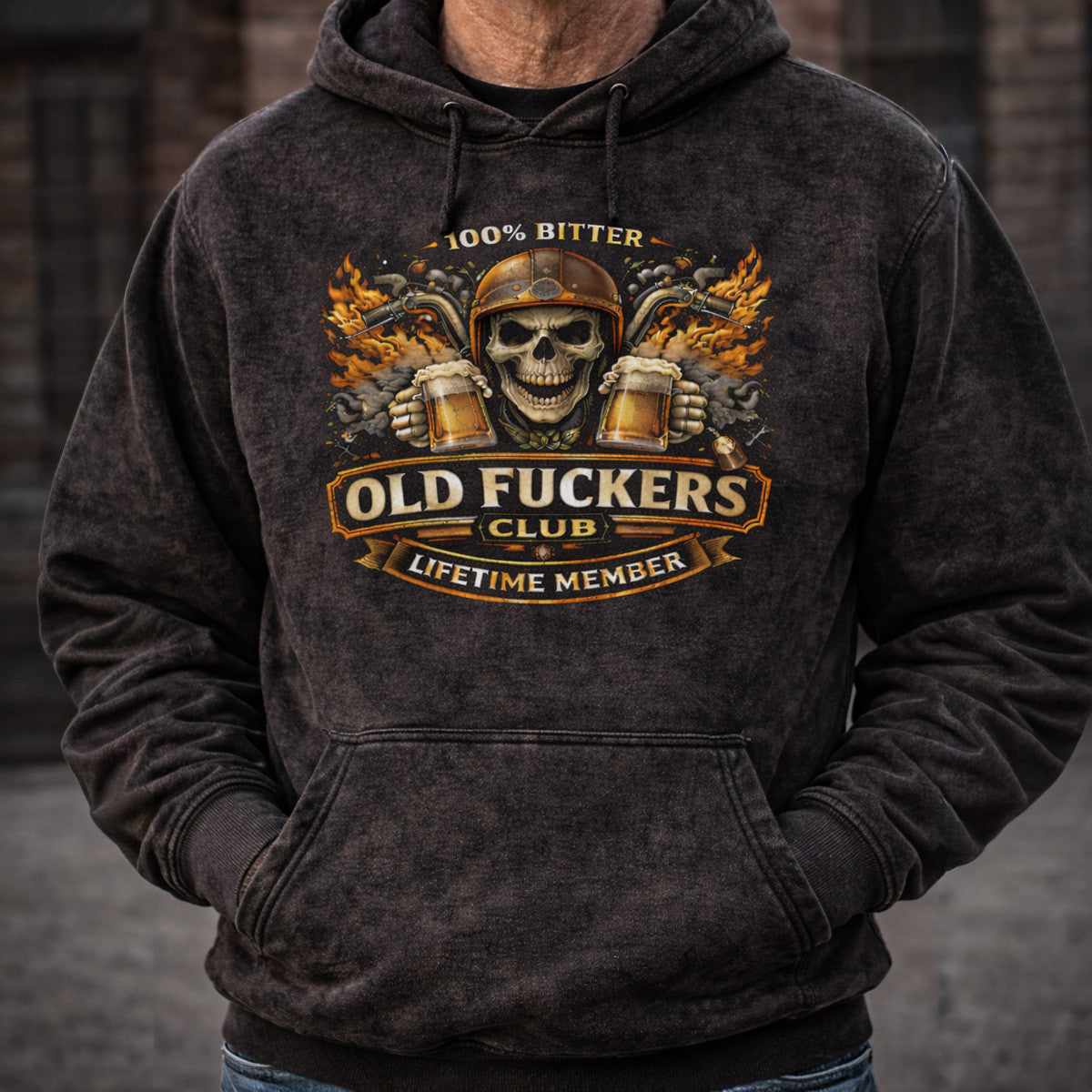 Printed Old Fuckers Club Hoodie, Flaming Skull Biker Holding Beer Mugs, 100% Bitter Lifetime Member Funny Hoodie