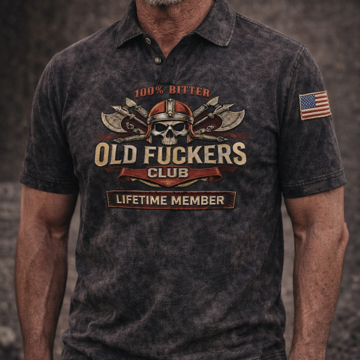 Old Fuckers Club Polo Shirt, Skull Warrior Helmet Design, 100% Bitter Lifetime Member, American Flag Sleeve