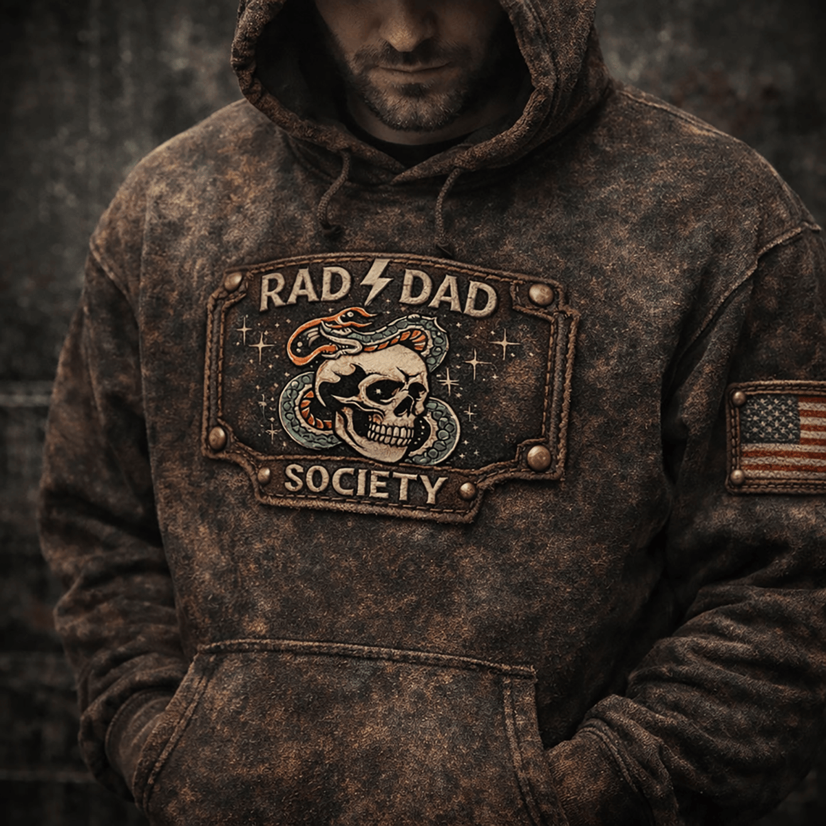 Rad Dad Society Skull Snake Printed Vintage Hoodie, Retro Lightning Graphic USA Flag Dad Sweatshirt