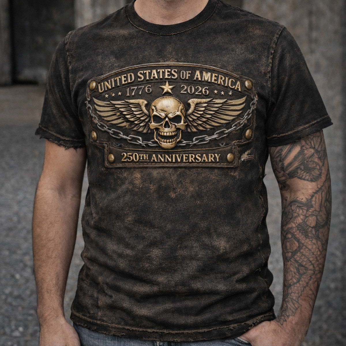 United States 250th Anniversary 1776 2026 Skull Wings Graphic Printed T Shirt for Men Patriotic Biker Gift for Dad Veteran Independence Day Shirt