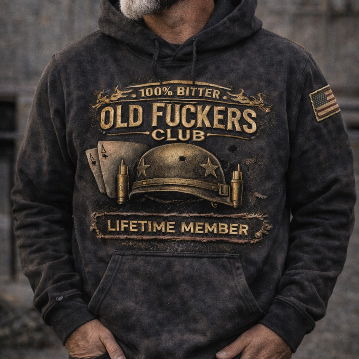Old Fckers Club Lifetime Member Vintage Military Graphic Hoodie Front Print Streetwear Gift for Dad Grandpa