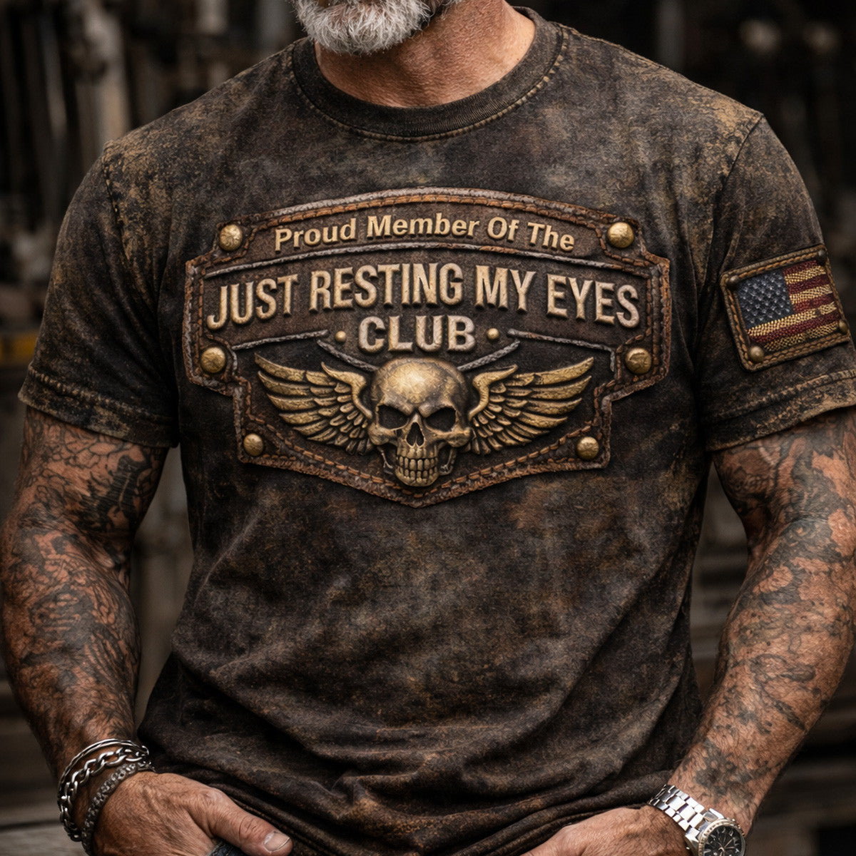 Just Resting My Eyes Club Skull Graphic T Shirt Vintage Biker Style Funny Retirement Gift for Dad Grandpa