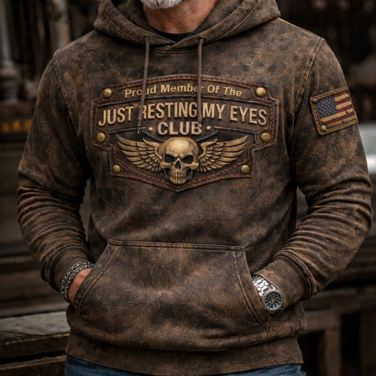 Just Resting My Eyes Club Skull Graphic Hoodie Vintage Biker Style Funny Gift for Dad Grandpa