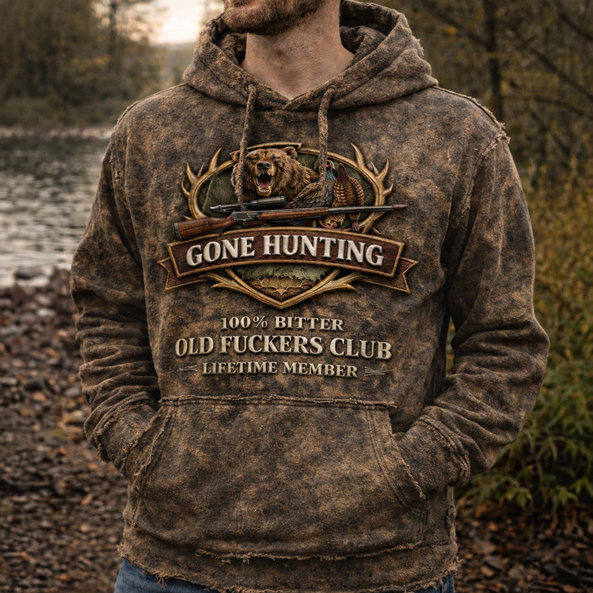 Gone Hunting Bear Duck Hoodie for Men Hunting Lover Pullover Gift for Hunter Dad Grandpa Outdoor Camp Wear