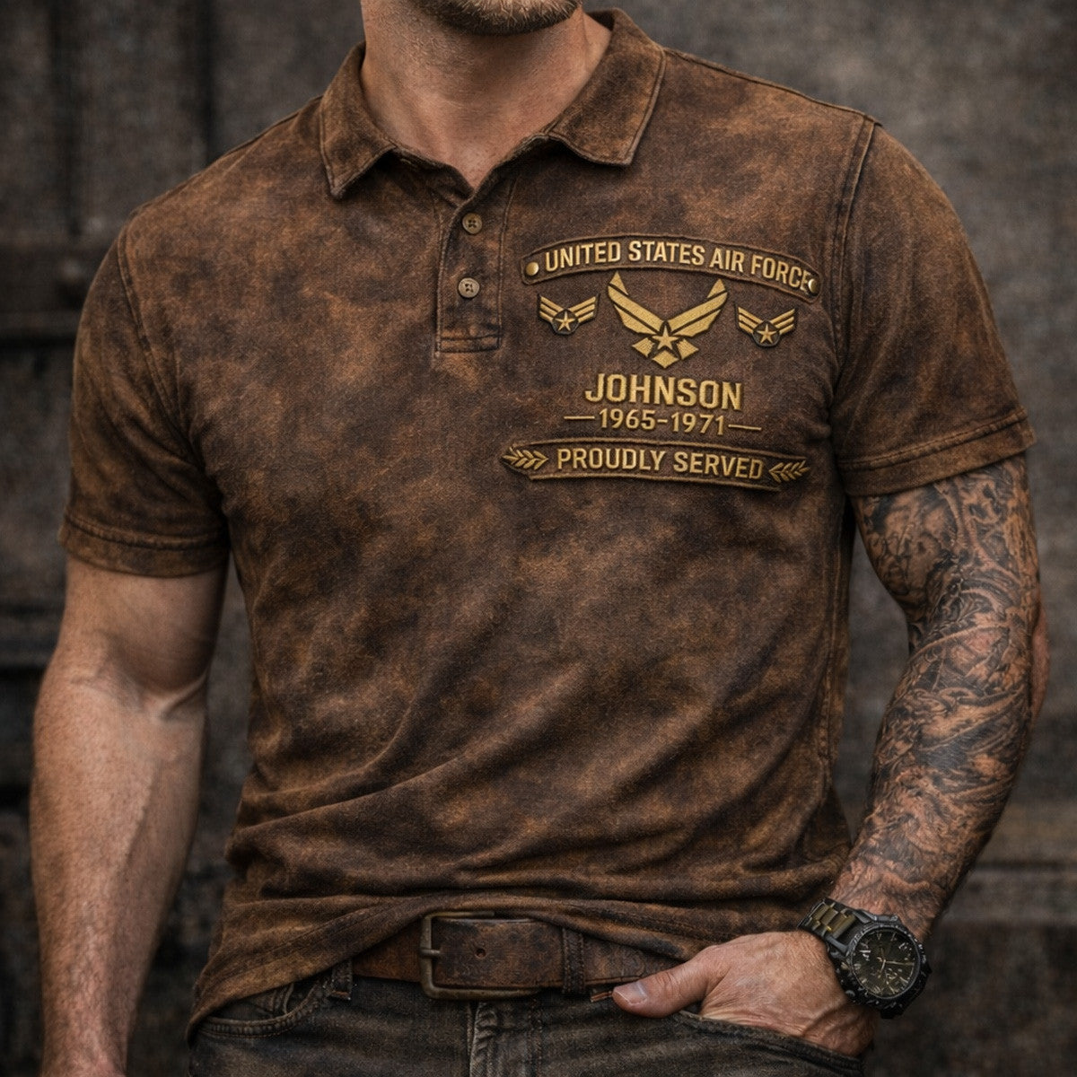 Custom US Air Force Veteran Polo Shirt with Name Rank and Service Years Proudly Served Military Gift for Dad Grandpa