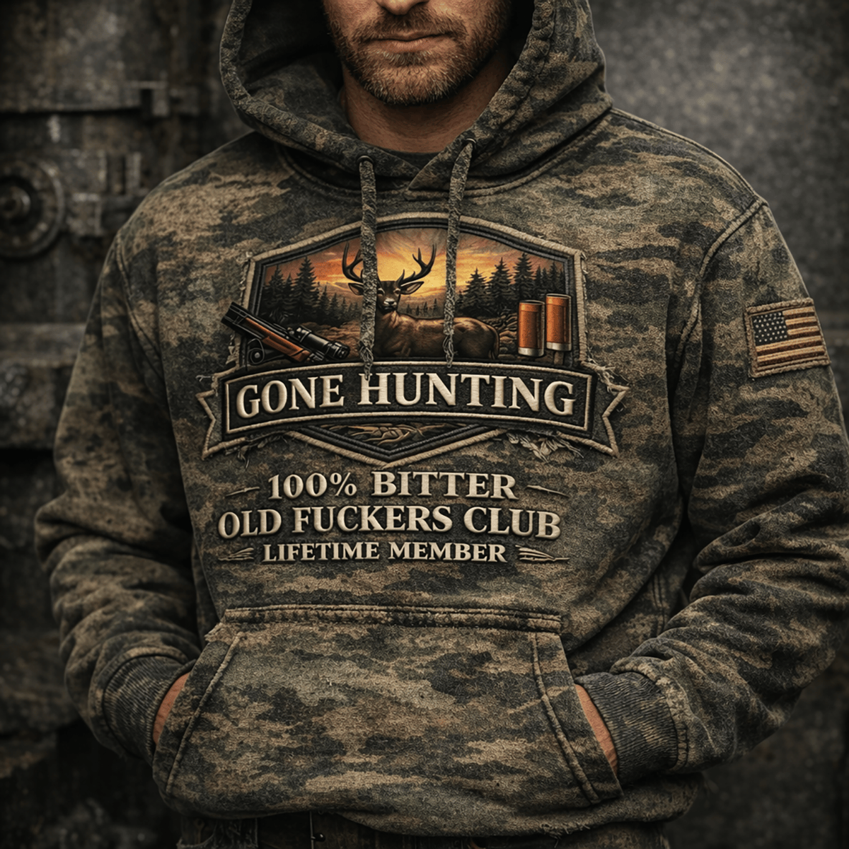 Gone Hunting Hoodie for Men Camo Deer Rifle Graphic 100 Percent Bitter Old Hunters Club Funny Hunting Gift for Dad Grandpa