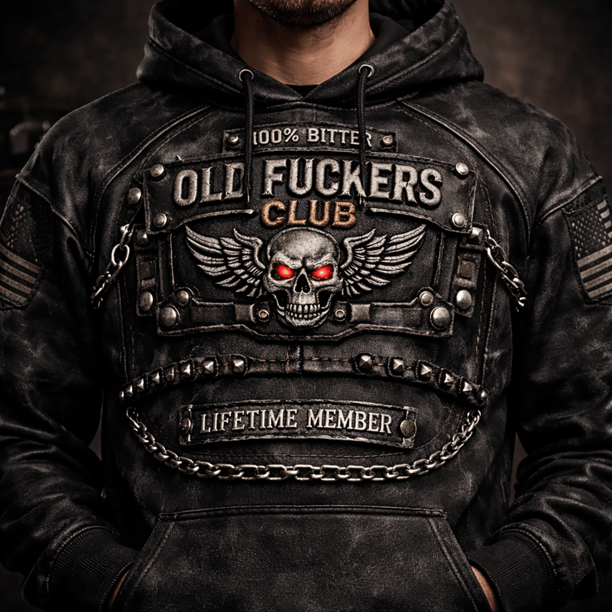 Old Fckers Club Skull Biker Hoodie, 100% Bitter Lifetime Member Sweatshirt, Funny Old Man Gift, Motorcycle Graphic Print Hoodie