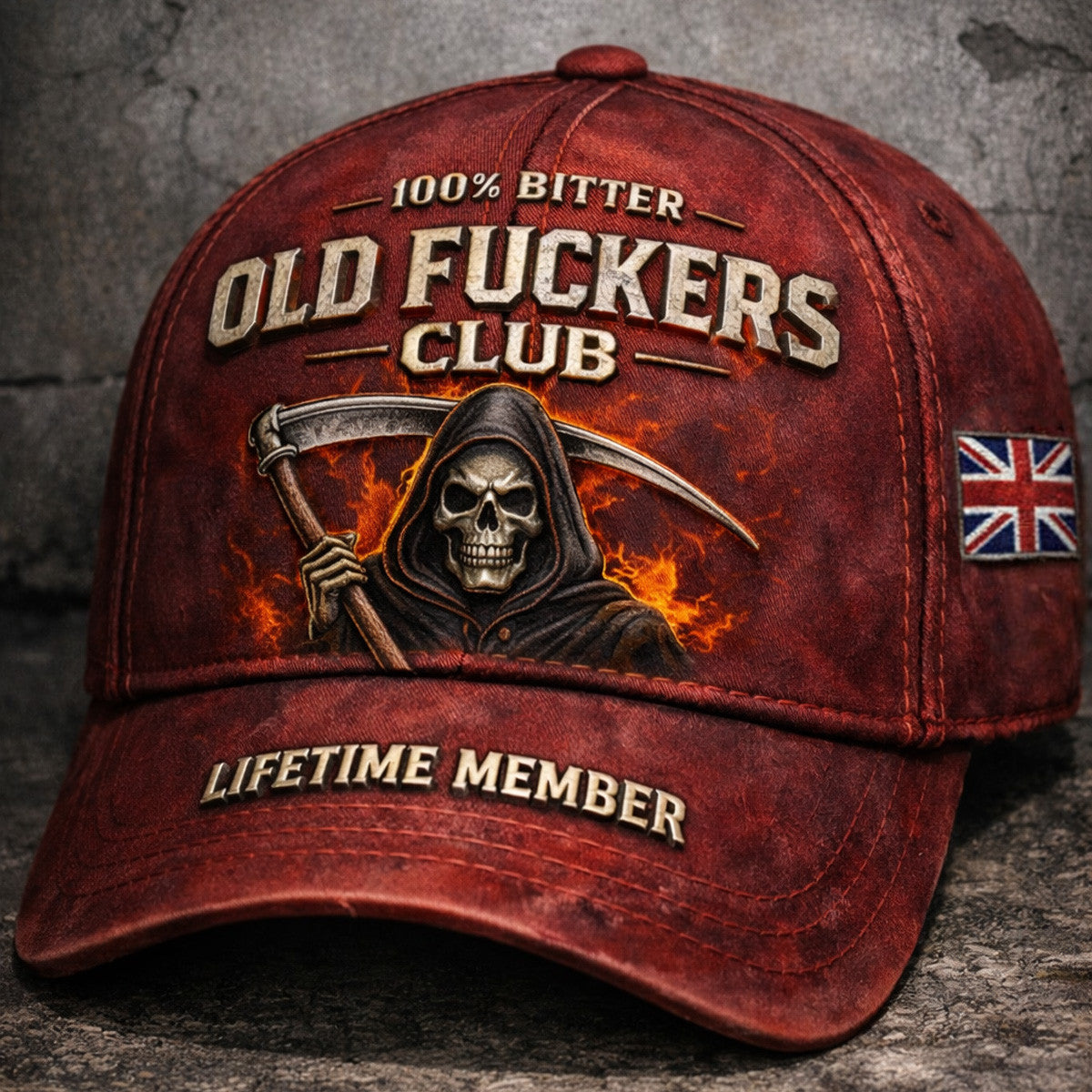 Old Fckers Club Hat UK Flag, 100% Bitter Lifetime Member Cap, Funny Dad Grandpa Gift, Grim Reaper Skull Vintage Graphic Print