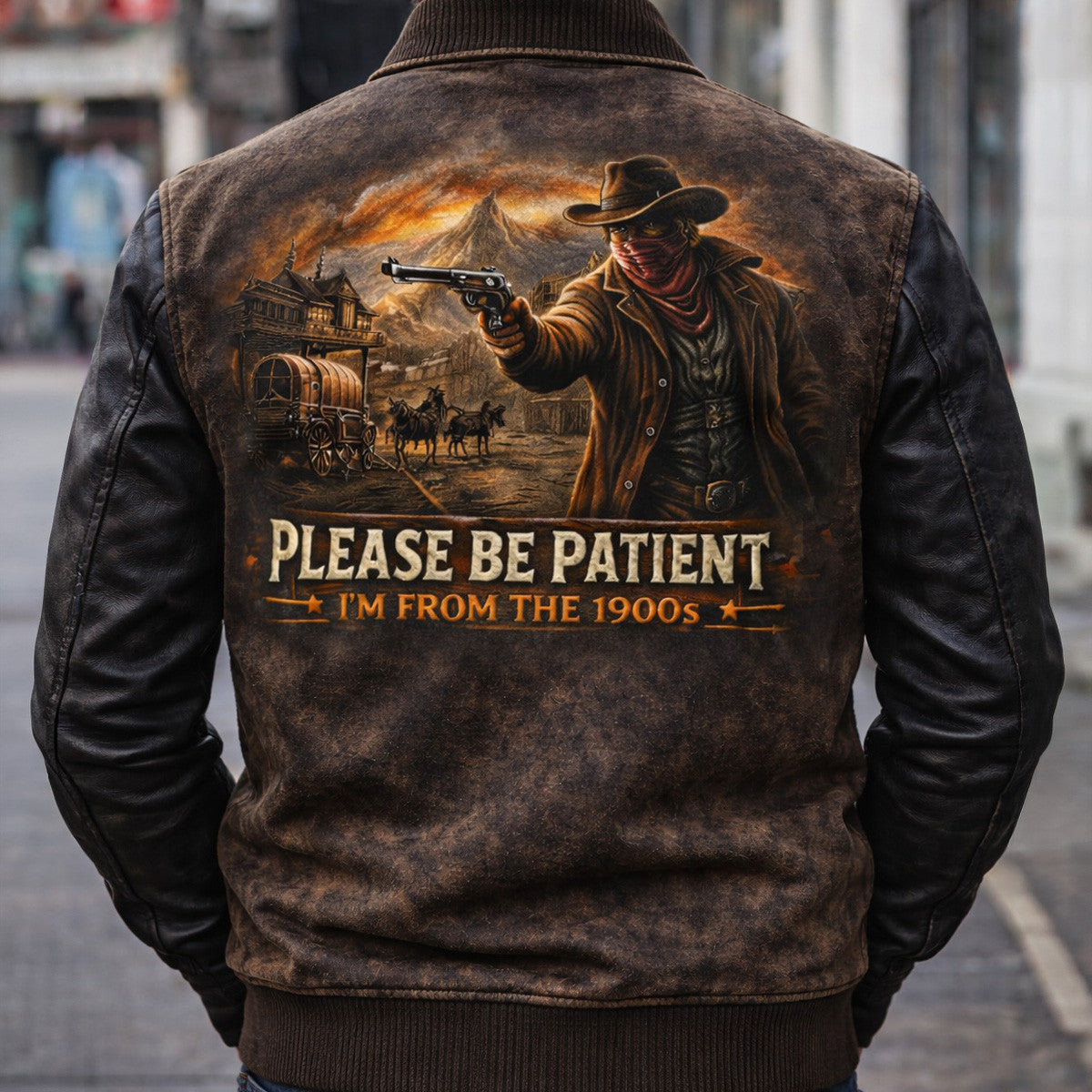 Please Be Patient I’m From The 1900s Bomber Jacket, Funny Cowboy Western Coat, Vintage Old Timer Gift, Retro Wild West Graphic Back Print