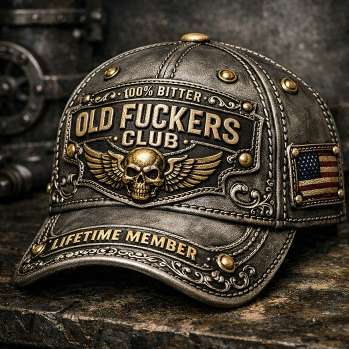Old Fckers Club Gothic Hat 100% Bitter Lifetime Member, Funny Grandpa Gift, Skull Winged Biker Cap, Vintage Graphic Print