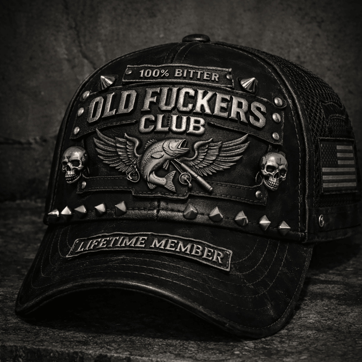 Old Fckers Club Fishing Hat, 100% Bitter Lifetime Member Cap, Skull Biker Fisherman Gift for Men, Printed Graphic Design