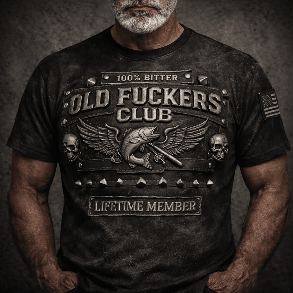 Old Fckers Club Fishing T Shirt, 100% Bitter Lifetime Member Tee, Skull Biker Fisherman Gift for Grandpa, Printed Graphic Design