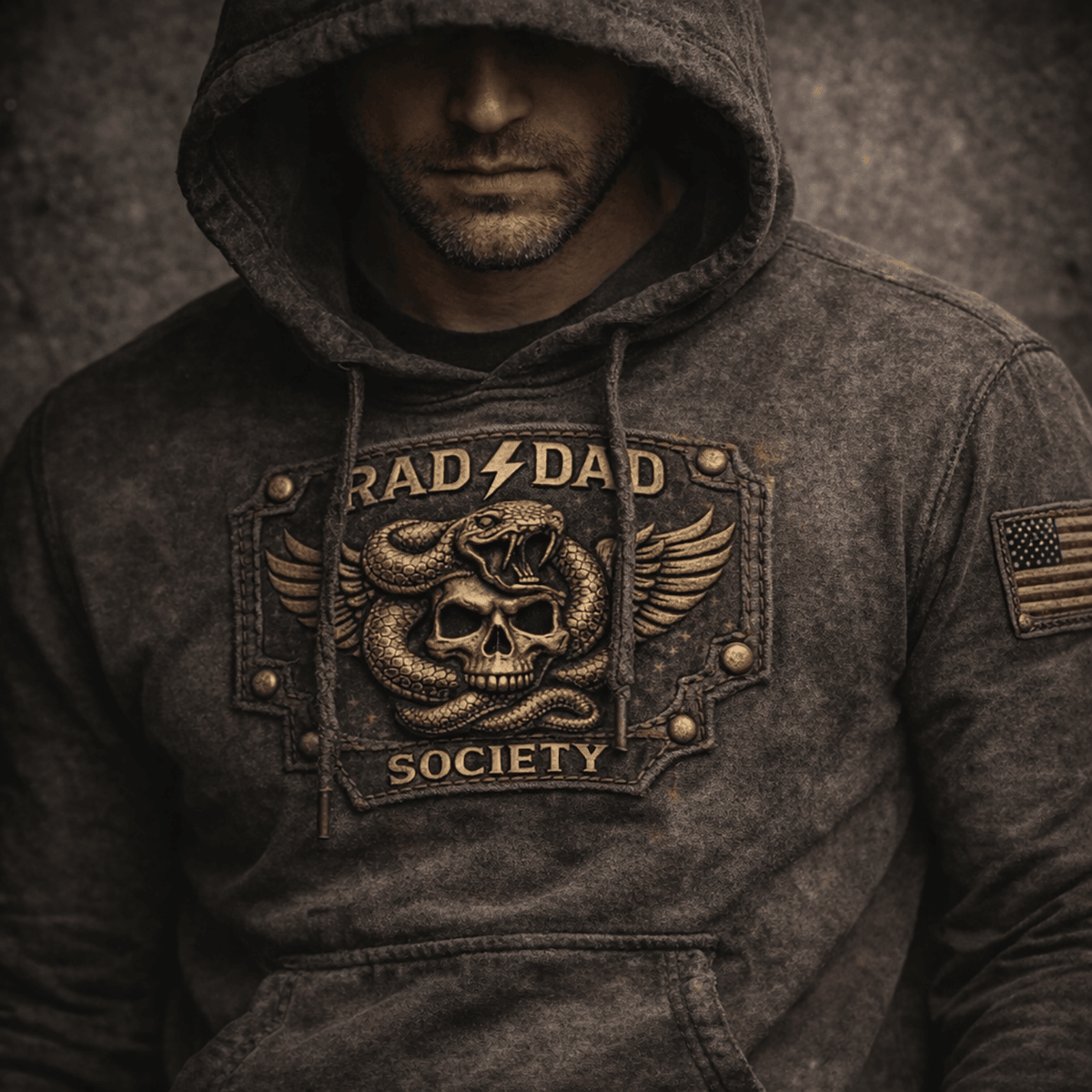 Rad Dad Society Printed Hoodie, Skull Snake Biker Sweatshirt for Dad, Father’s Day Gift for Him, Vintage Graphic Design