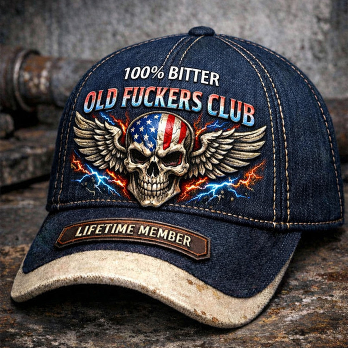 100% Bitter Old Fuckers Club Lifetime Member Skull With Lightning And American Flag, Vintage Denim Effect Printed Baseball Cap, Patriotic Biker Dad Hat For Men