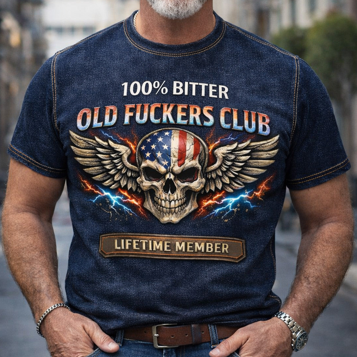 100% Bitter Old Fuckers Club Lifetime Member Skull With Wings And American Flag Lightning, Vintage Denim Effect Printed Graphic T-Shirt For Men, Patriotic Biker Style Tee
