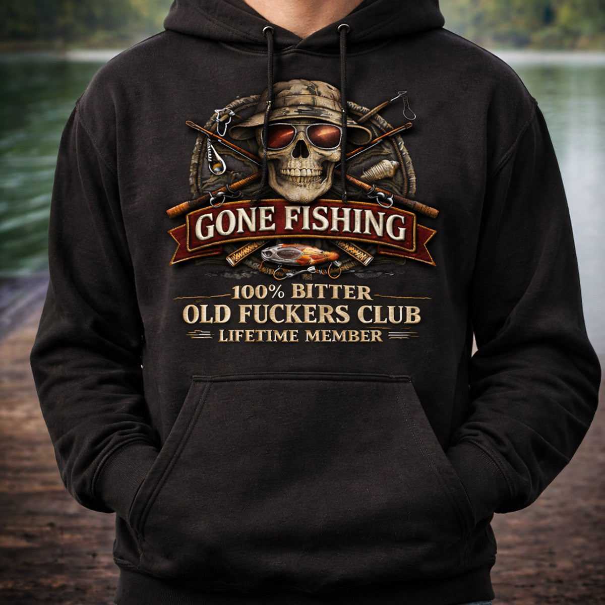 Gone Fishing Skull Printed Hoodie, 100% Bitter Old Fuckers Club Lifetime Member Funny Fishing Graphic Printed Pullover