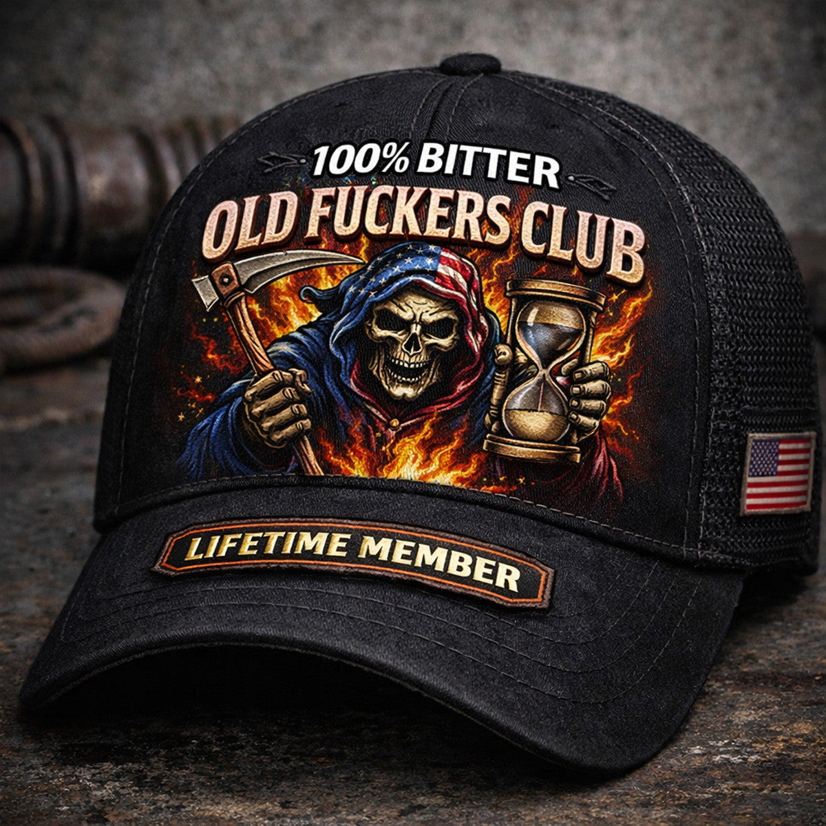 100% Bitter Old Fuckers Club Printed Trucker Hat, Grim Reaper With Hourglass Graphic, Lifetime Member Funny Patriotic Cap Gift