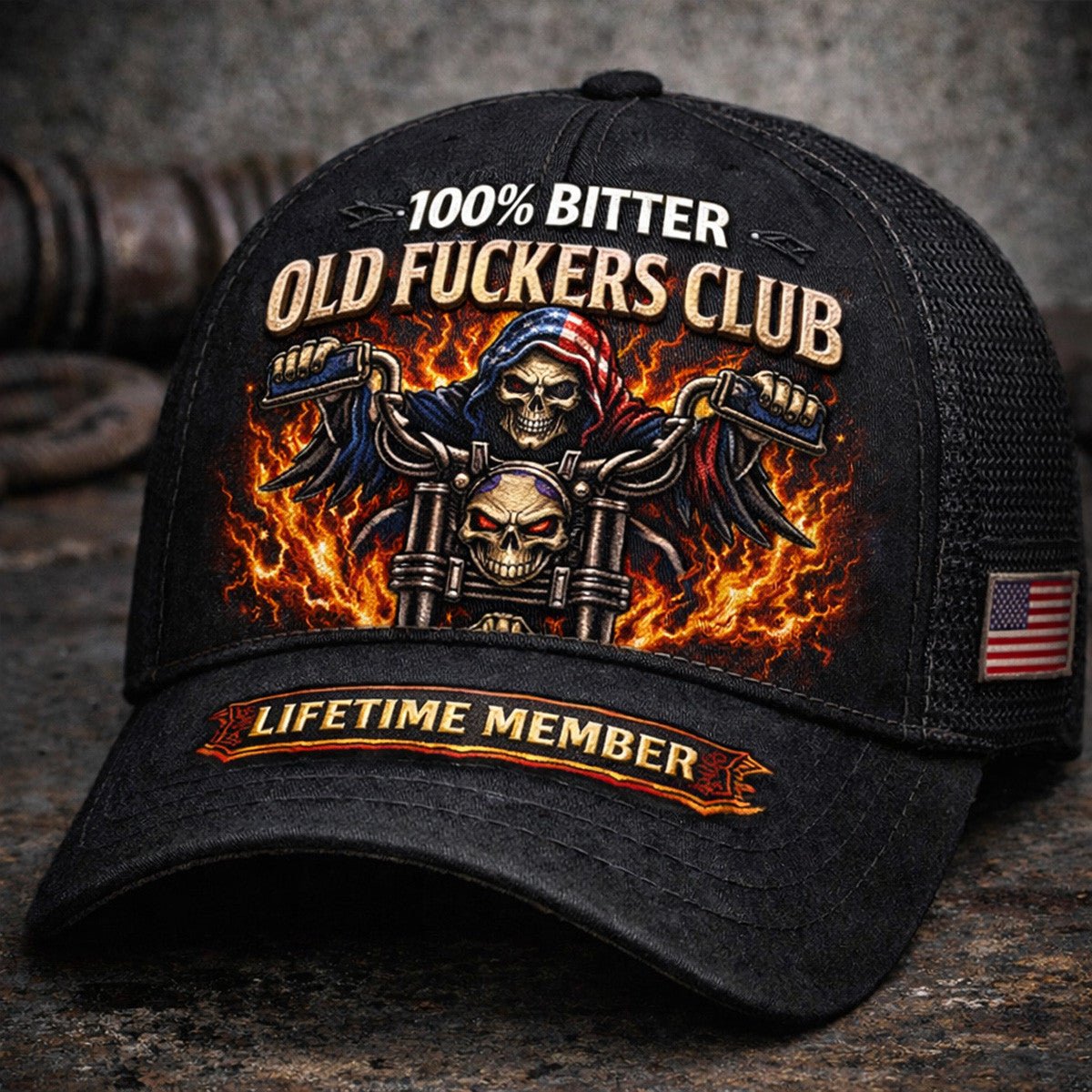 100% Bitter Old Fuckers Club Printed Trucker Hat, Grim Reaper Biker Skull Graphic, Lifetime Member Funny Patriotic Cap