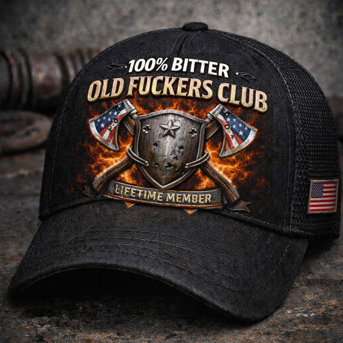 100% Bitter Old Fuckers Club Printed Trucker Hat, Patriotic Shield And Axes Graphic, Lifetime Member Funny Veteran Cap