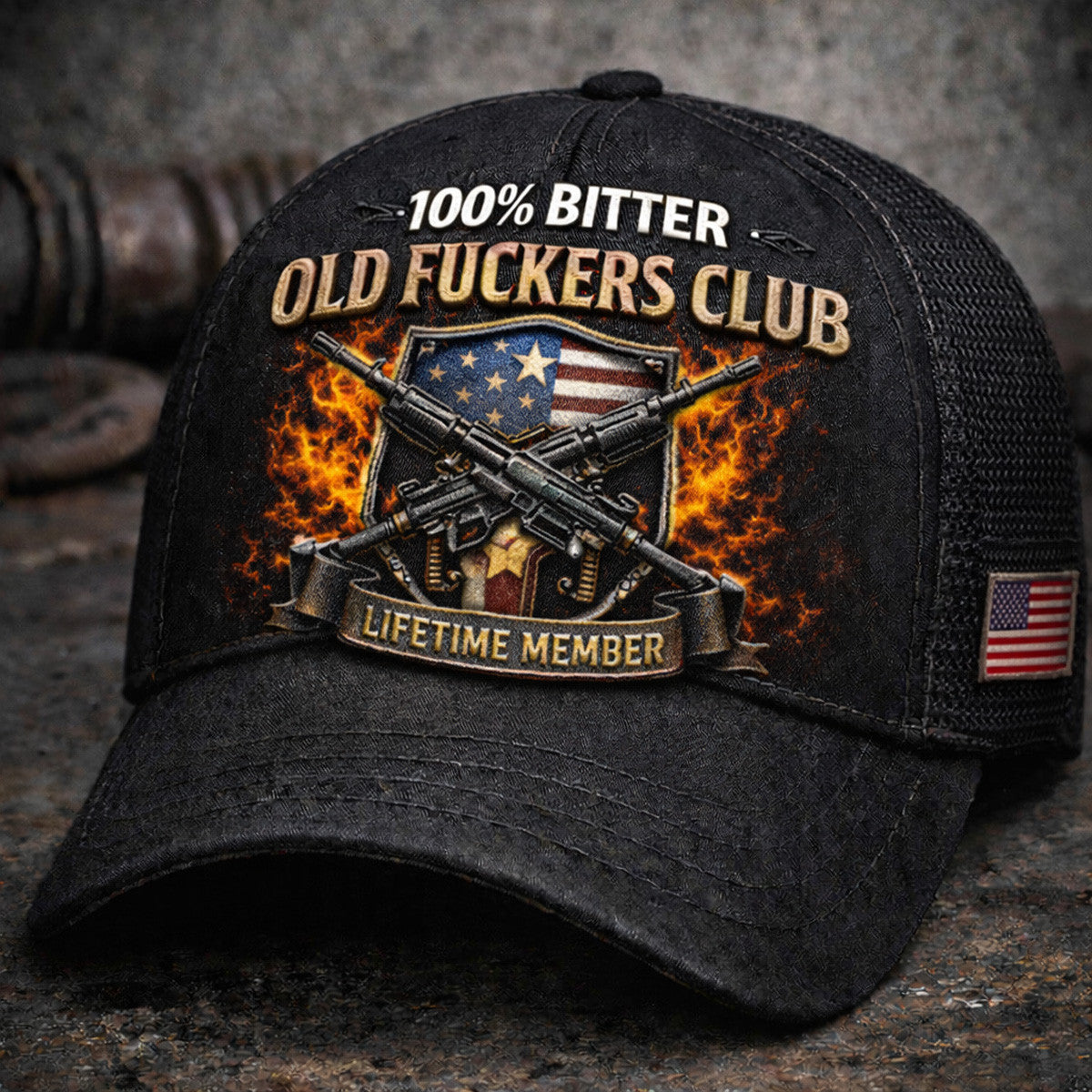 100% Bitter Old Fuckers Club Printed Trucker Hat, Crossed Rifles And Flag Graphic, Lifetime Member Patriotic Cap Gift