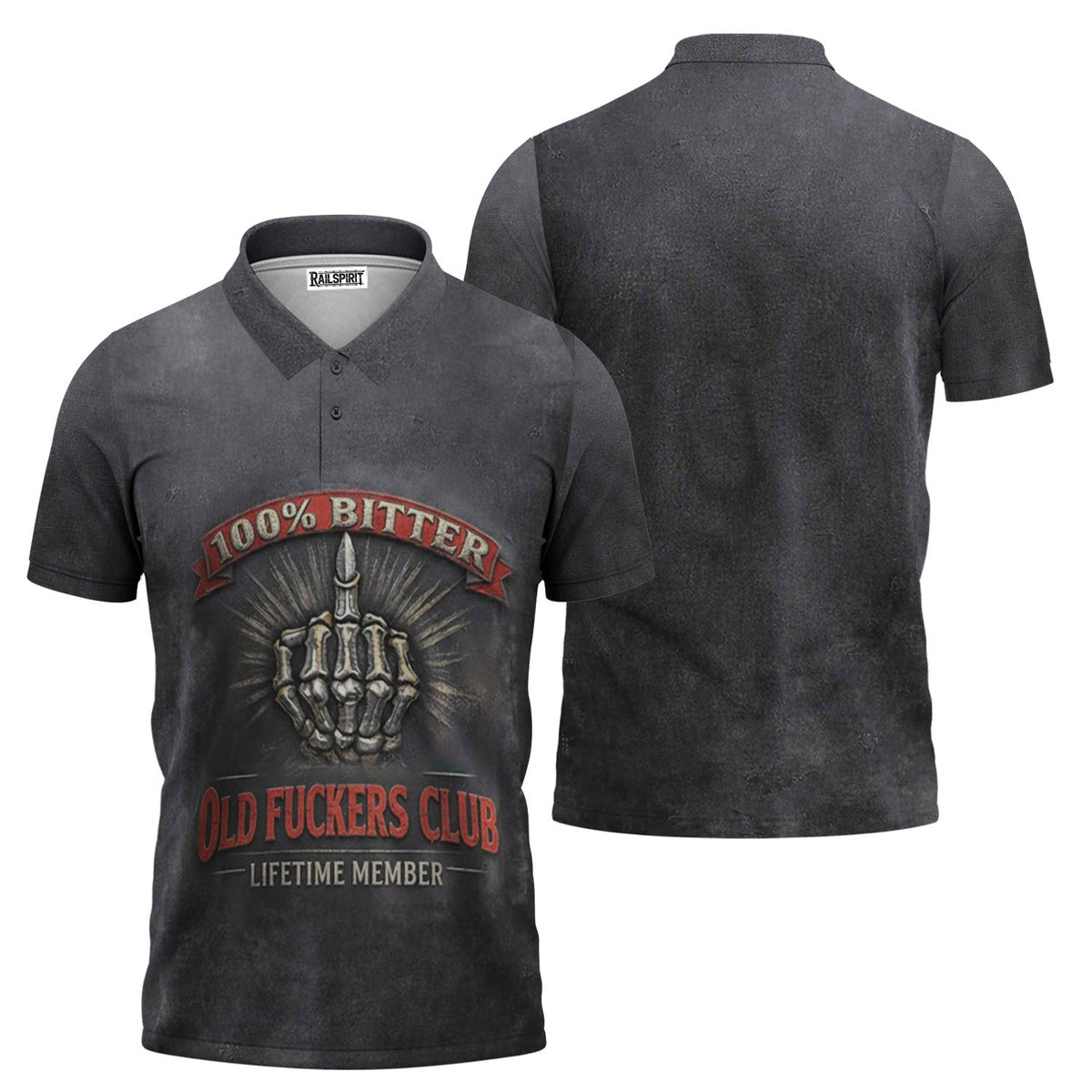 100% Bitter Old Fuckers Club Polo Shirt, Funny Skeleton Hand Graphic Polo, Lifetime Member Biker Shirt, Gift for Men Dad