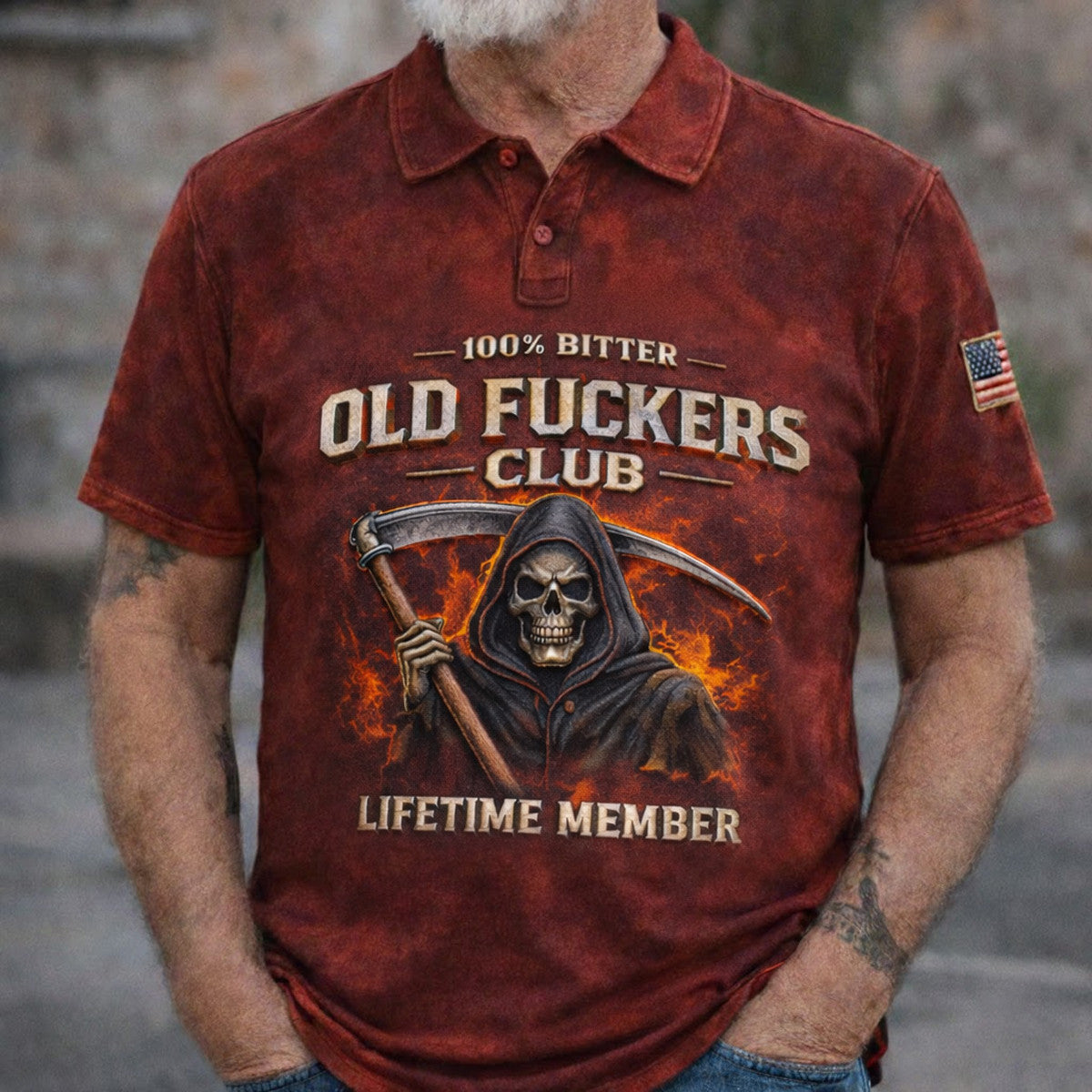 Old Fckers Club Polo Shirt, 100% Bitter Lifetime Member Golf Style Shirt, Funny Grandpa Retirement Gift, Skull Graphic Print Only