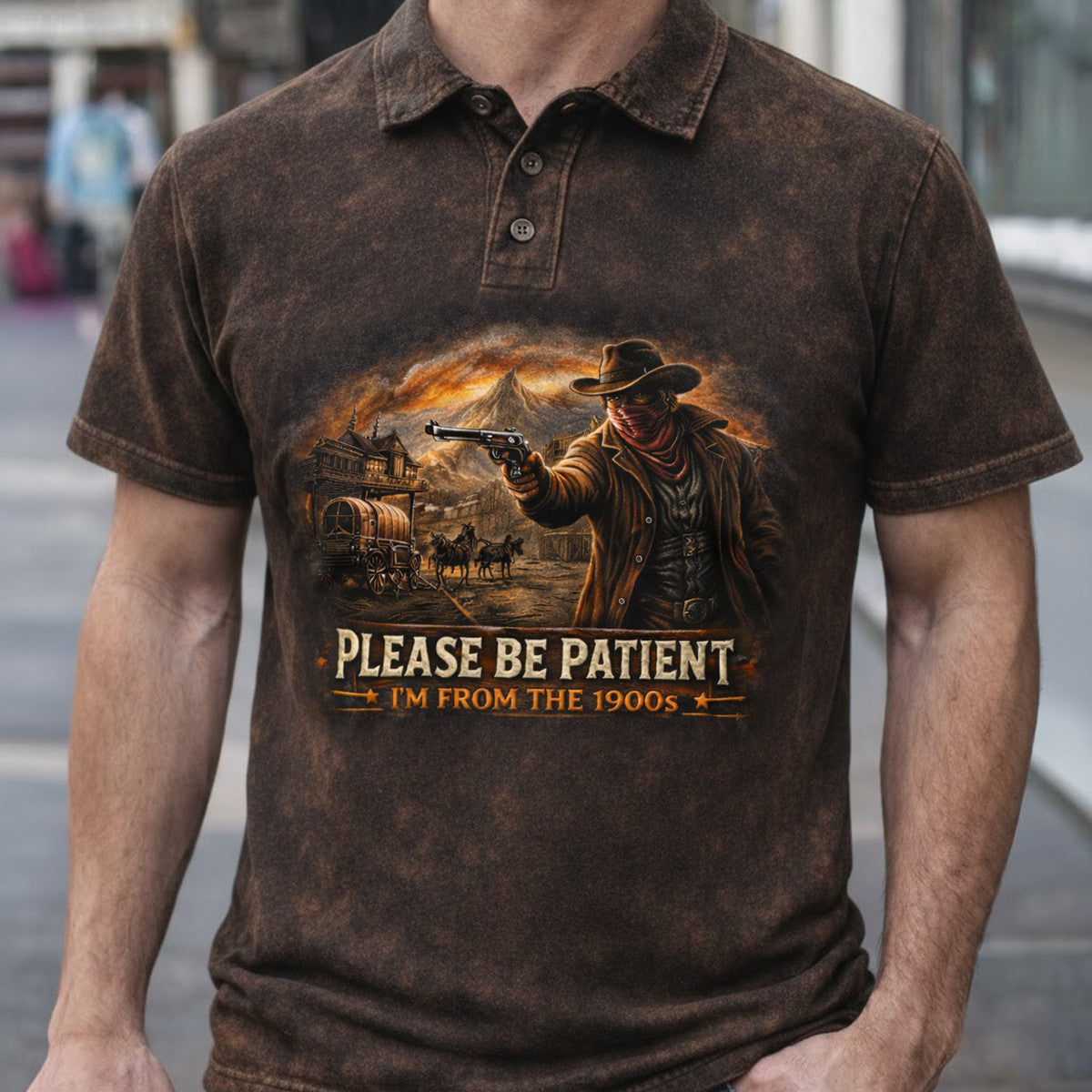 Please Be Patient I’m From The 1900s Polo Shirt, Funny Western Cowboy Golf Shirt, Vintage Old Man Humor Gift, Wild West Graphic