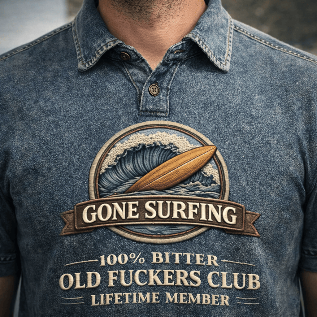 Gone Surfing Vintage Printed Polo Shirt, Surf Wave Surfboard Design, Old Fuckers Club Lifetime Member, Retro Beach Polo
