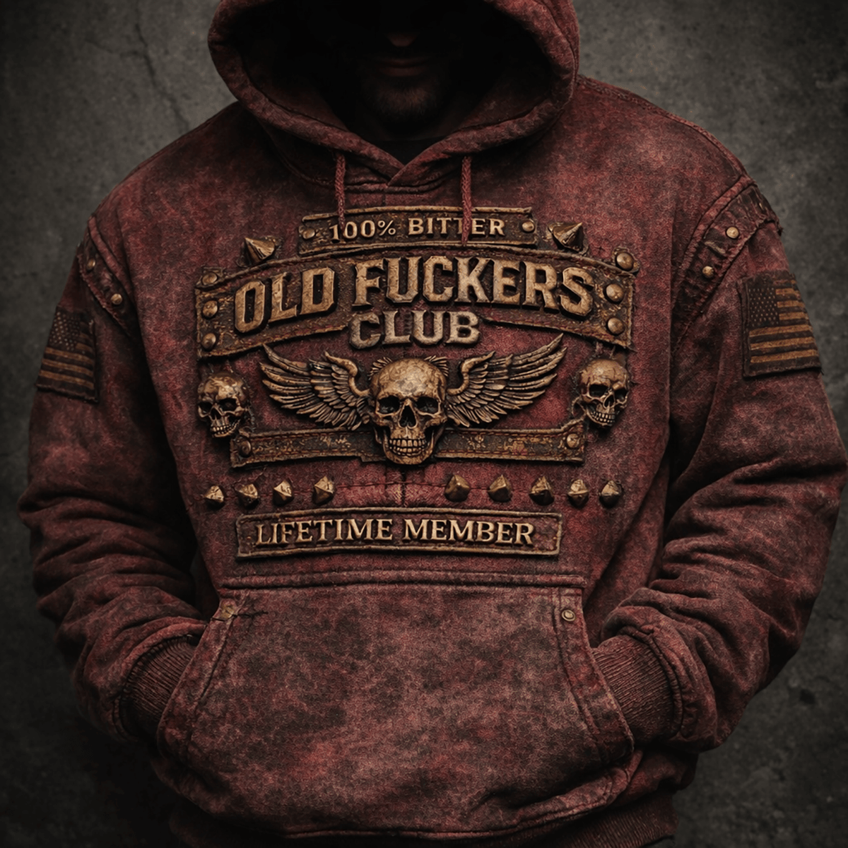 Old Fuckers Club Printed Hoodie, 100% Bitter Lifetime Member Skull Print Sweatshirt, Biker Graphic Gift for Him