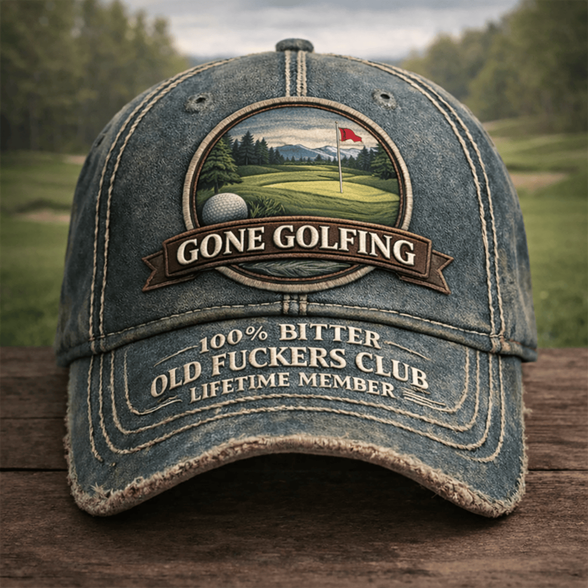 Gone Golfing Printed Cap, Funny Golf Hat for Men, 100% Bitter Old Golfers Club Print, Retirement Golf Gift for Dad