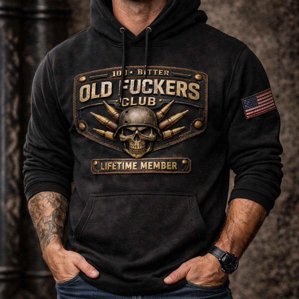 Old F*ckers Club Printed Hoodie, Skull Bullet Graphic Print Sweatshirt, 100 Bitter Lifetime Member Gift for Him