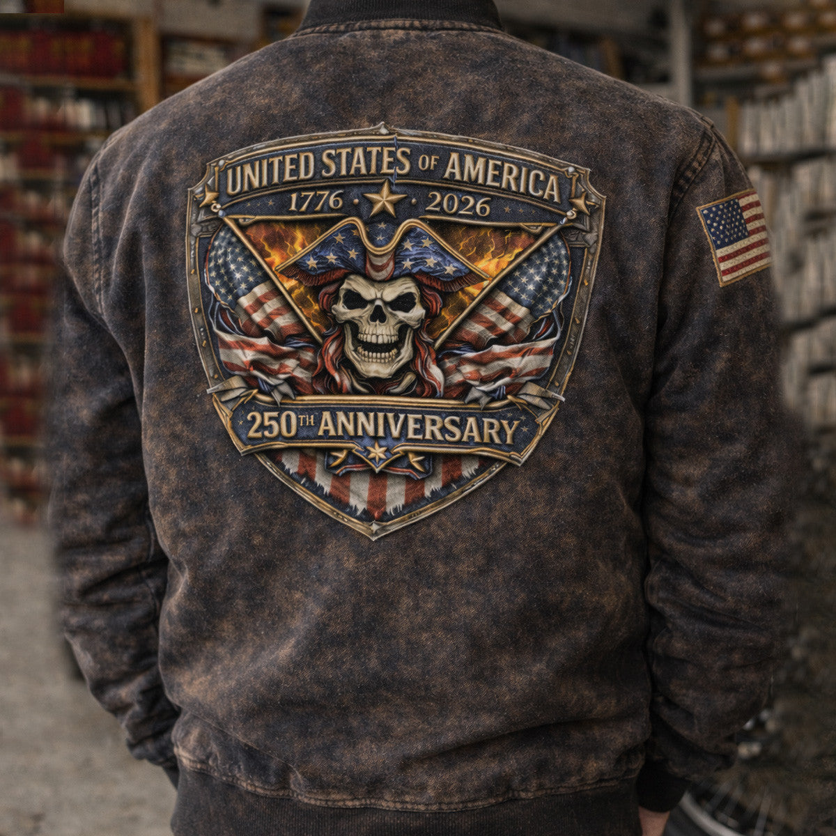 USA 250th Anniversary 1776-2026 Back Printed Bomber Jacket, Patriotic Skull American Flag Graphic Print Coat, 4th of July Gift