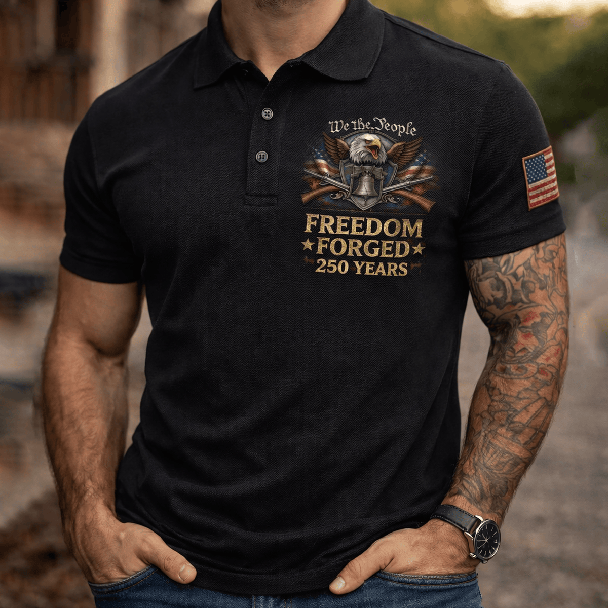We The People Freedom Forged 250 Years Printed Polo Shirt, Patriotic Eagle American Flag Graphic Print Golf Tee USA Gift